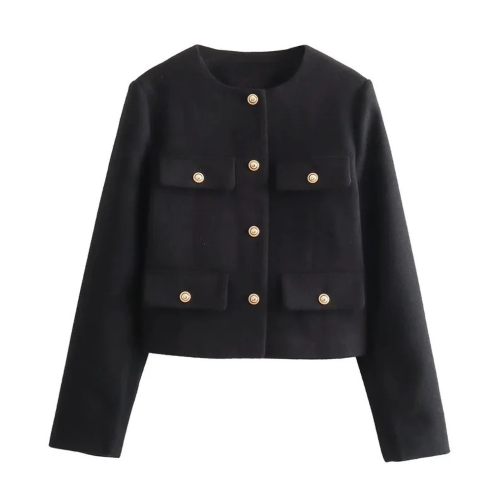 Damen Cropped Bouclé-Tweed-Jacke – Eleganter Cardigan-Blazer mit Goldknöpfen