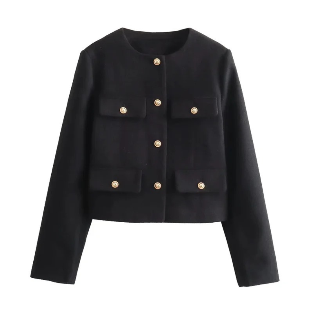 Damen Cropped Bouclé-Tweed-Jacke – Eleganter Cardigan-Blazer mit Goldknöpfen