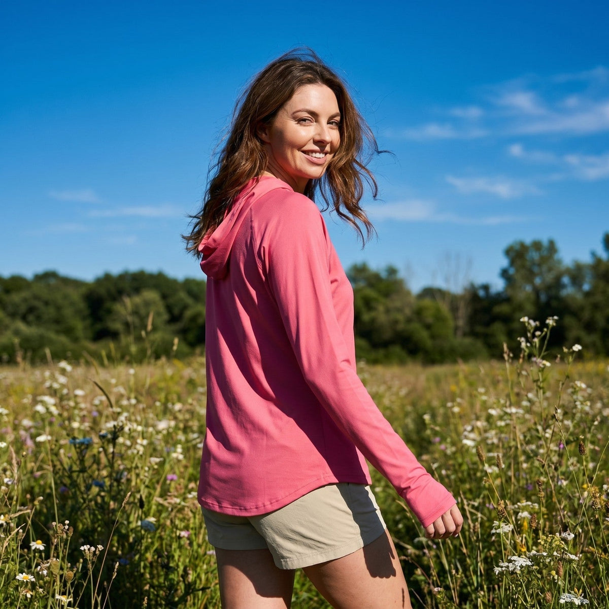Damen-Sonnenhoodie leicht – UPF 50+ mit Kapuze