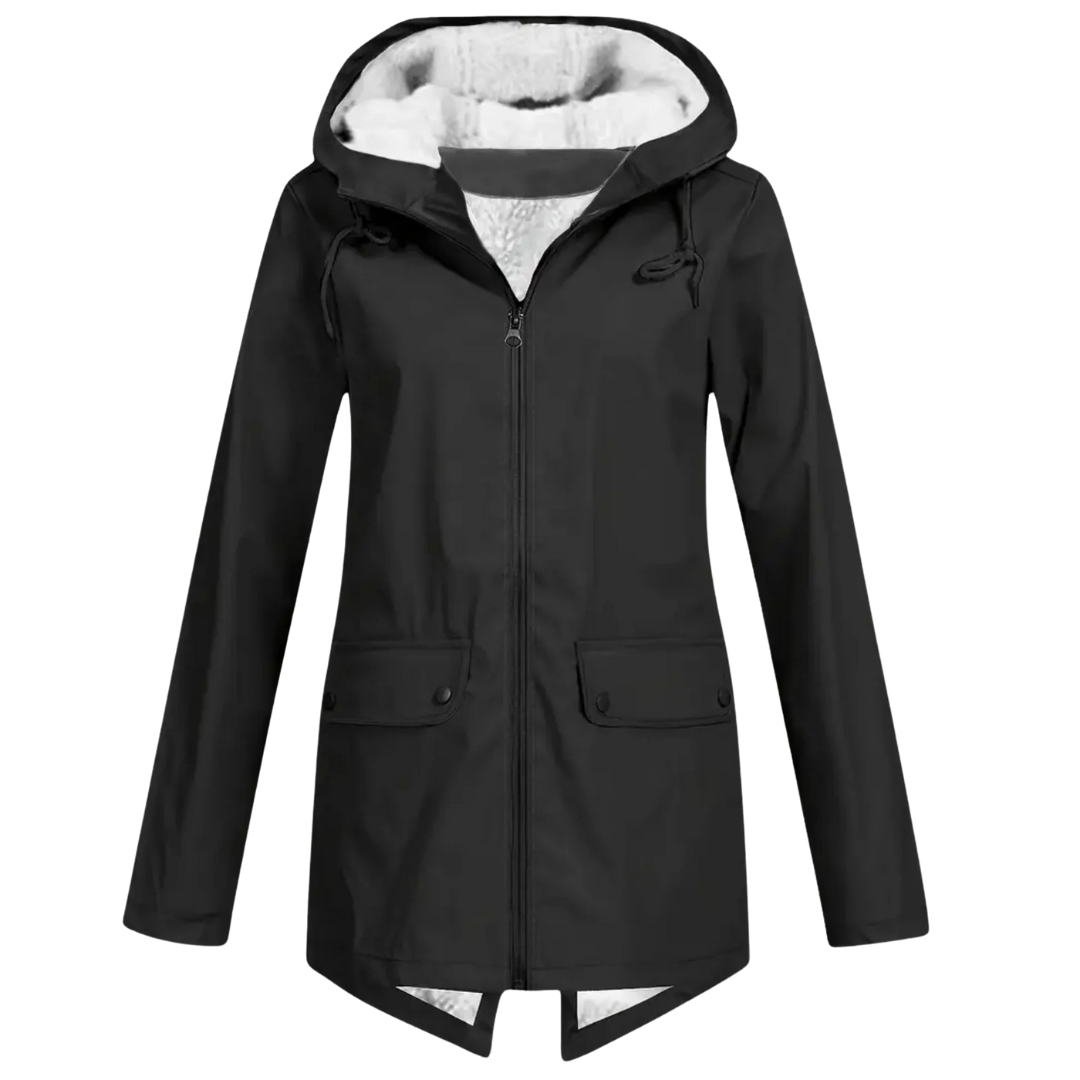 Damenmantel mit Fleece-Futter und Kapuze – Warme Winter-Regenjacke