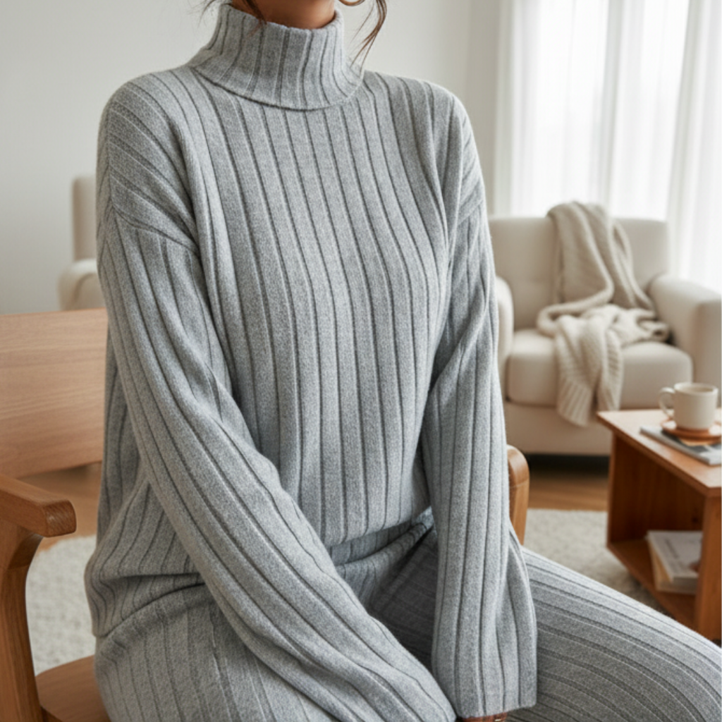 Damen Strickanzug – Zweiteiliges Set mit Rollkragen & Weitbeiniger Hose | Eleganter Lounge-Stil
