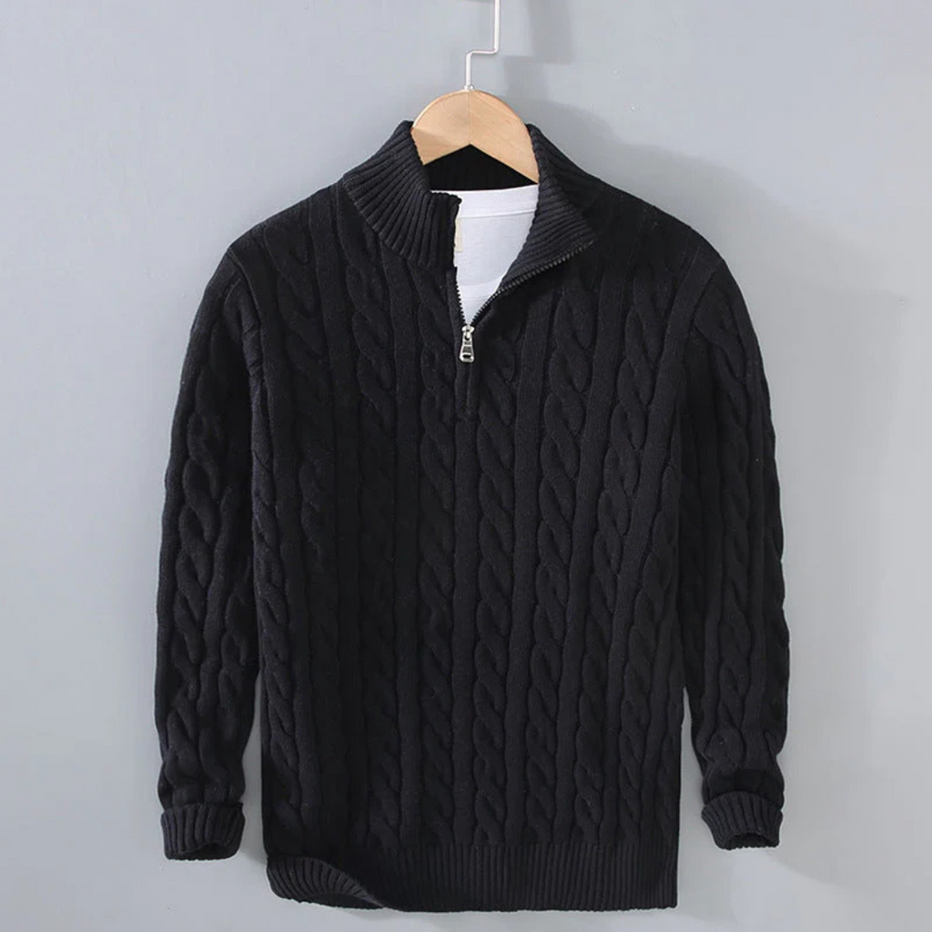 Pullover mit Zopfmuster & Stehkragen-Reißverschluss 100% Cotton – NordicClassic Knit