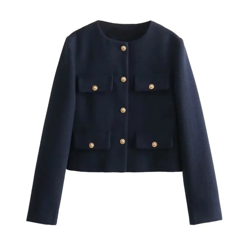 Damen Cropped Bouclé-Tweed-Jacke – Eleganter Cardigan-Blazer mit Goldknöpfen