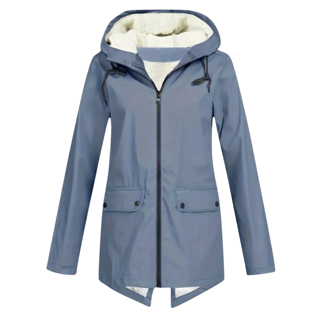 Damenmantel mit Fleece-Futter und Kapuze – Warme Winter-Regenjacke