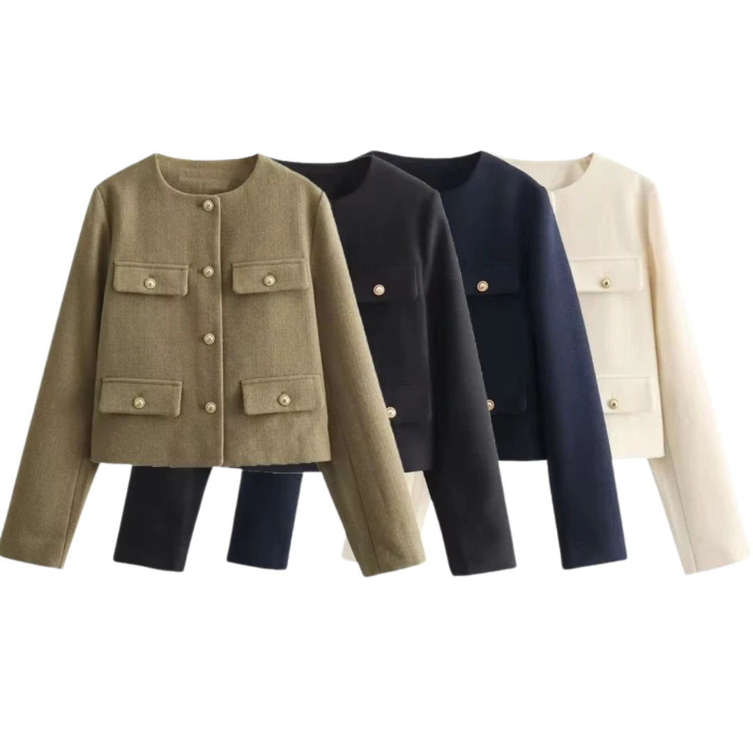 Damen Cropped Bouclé-Tweed-Jacke – Eleganter Cardigan-Blazer mit Goldknöpfen