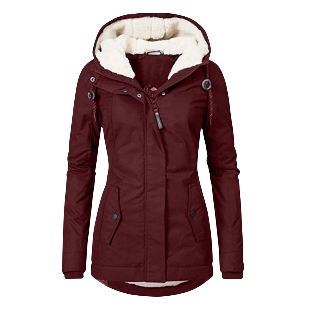 Damen Fleece-gefütterte Kapuzenjacke mit langem Schnitt – Wintermantel