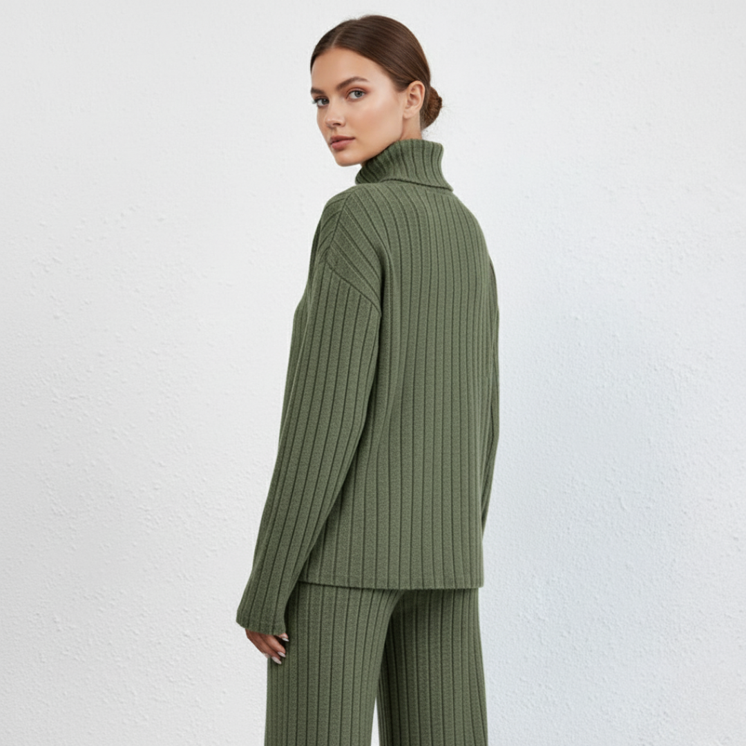 Damen Strickanzug – Zweiteiliges Set mit Rollkragen & Weitbeiniger Hose | Eleganter Lounge-Stil