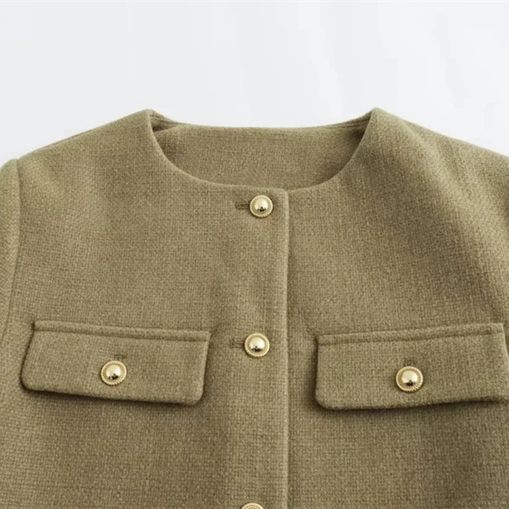 Damen Cropped Bouclé-Tweed-Jacke – Eleganter Cardigan-Blazer mit Goldknöpfen