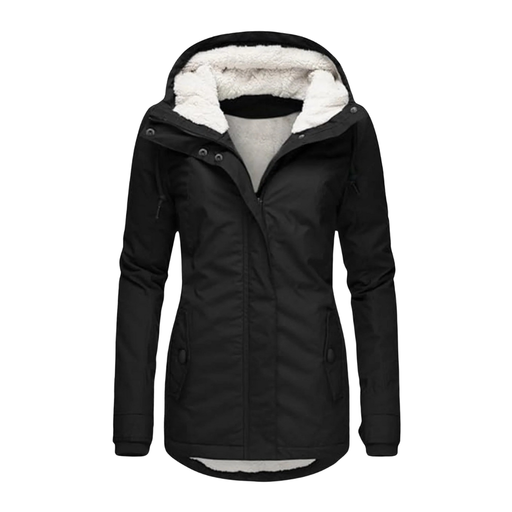 Damen Fleece-gefütterte Kapuzenjacke mit langem Schnitt – Wintermantel