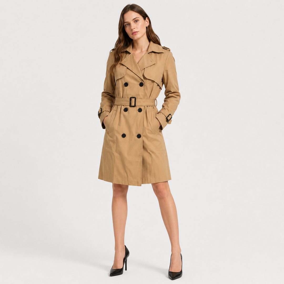 Damen Langer Doppelreihiger Trenchcoat – Klassischer Mantel mit Gürtel