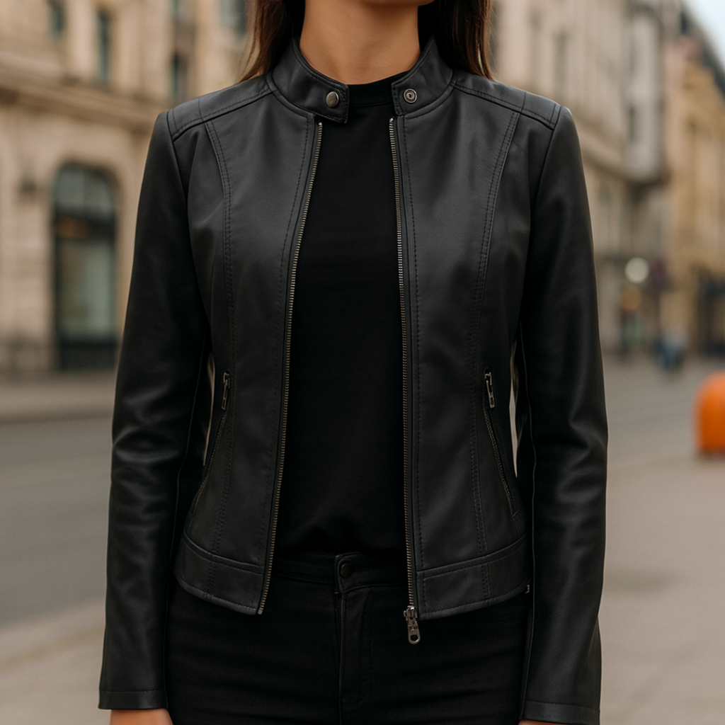 Kunstlederjacke Damen – Figurbetonte Jacke mit Stehkragen & Reißverschluss | Eleganza Jacket