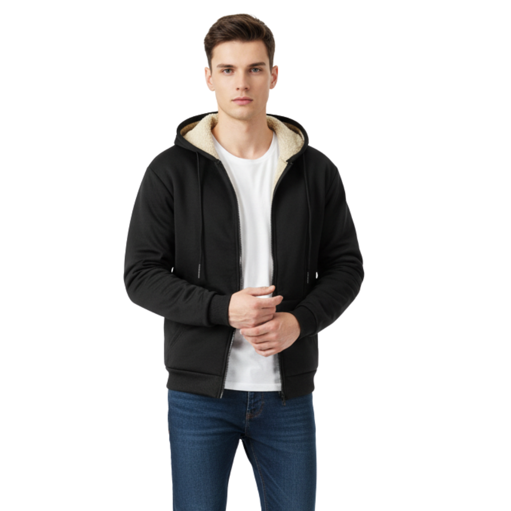 Thermo-Fleece-Herren-Kapuzenjacke mit Reißverschluss – Warme Sherpa-gefütterte Winterjacke