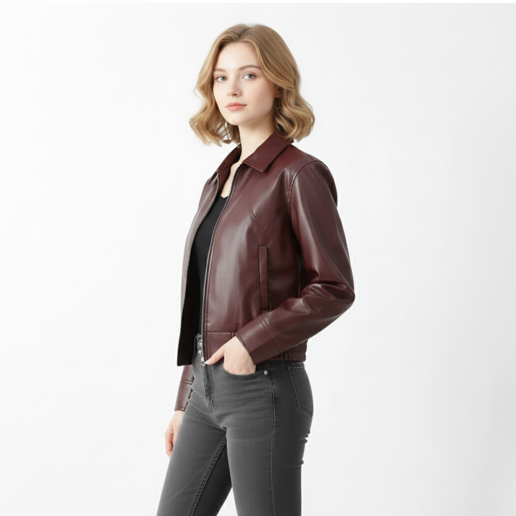 Damen Cropped Kunstlederjacke – Moto-Stil mit Reißverschluss