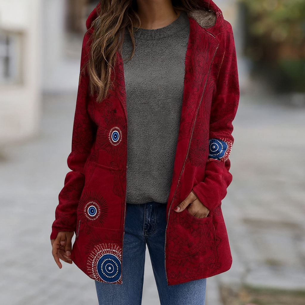 Warme Boho Kapuzenjacke mit Fleecefutter & Ethno-Muster – Liora Coat