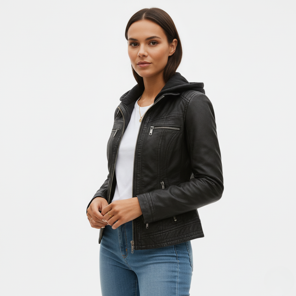 Damen Bikerjacke aus veganem Leder mit Kapuze