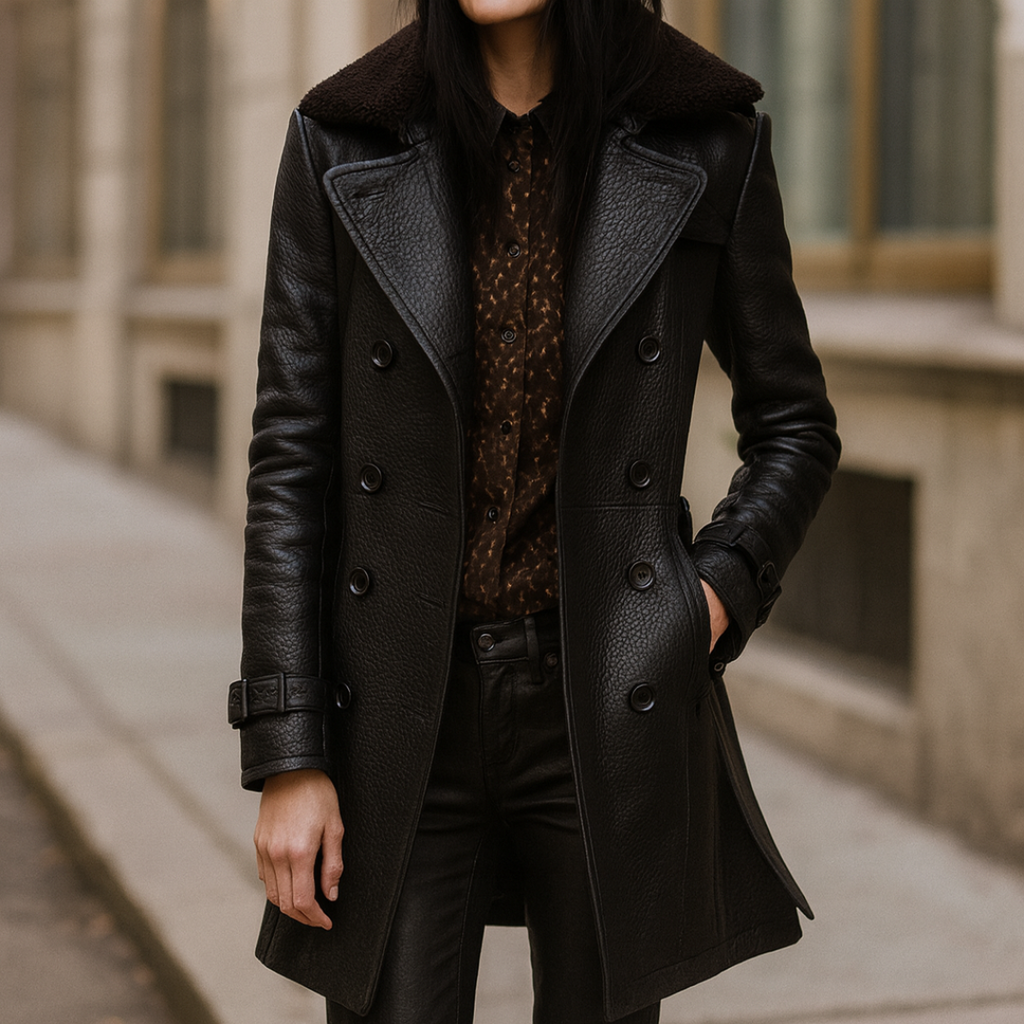 Mantel Damen 3/4 Länge mit Tailliertem Schnitt in Lederoptik – NoirÉlégance Coat