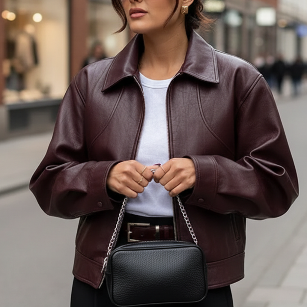 Damen Cropped Kunstlederjacke – Vintage Zip-Up Biker-Stil