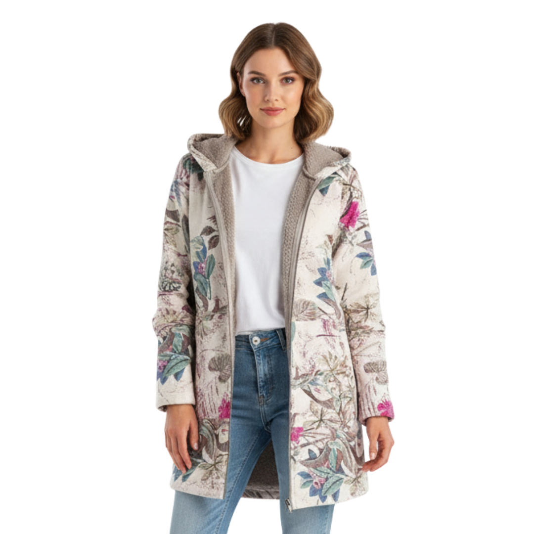 Damen Gefütterter Winterparka mit Kapuze – Becca Fleece-Mantel mit Blumenmuster
