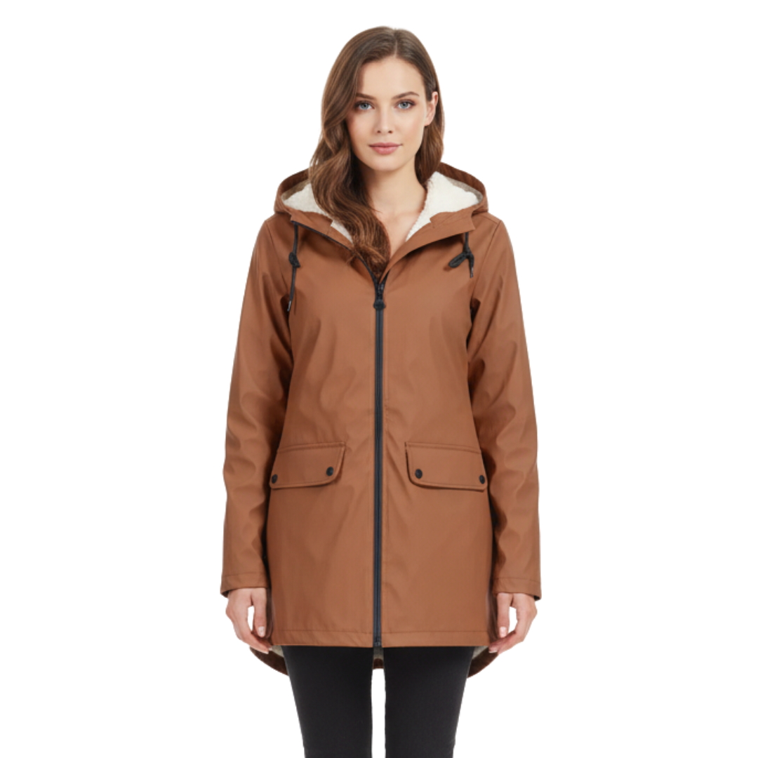 Damenmantel mit Fleece-Futter und Kapuze – Warme Winter-Regenjacke
