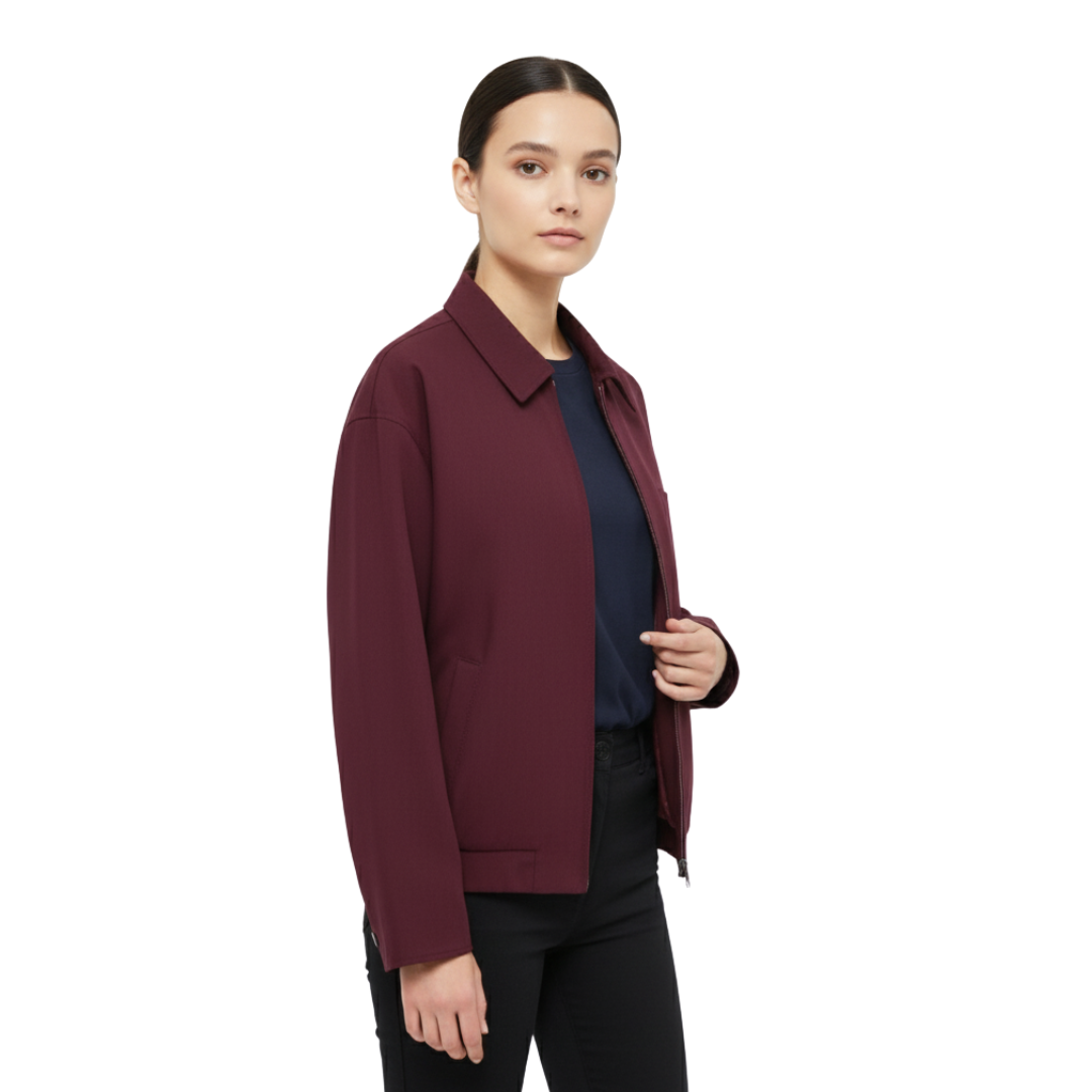Damenjacke mit entspanntem Kragen – Minimalistische Weinrote Reißverschlussjacke