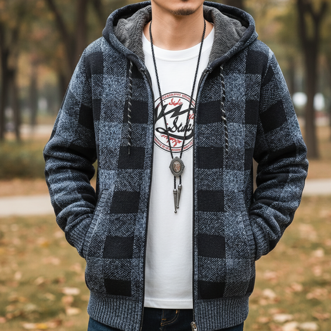 Flanell Pullover mit Kapuze & Reißverschluss – NordWool Check Hoodie