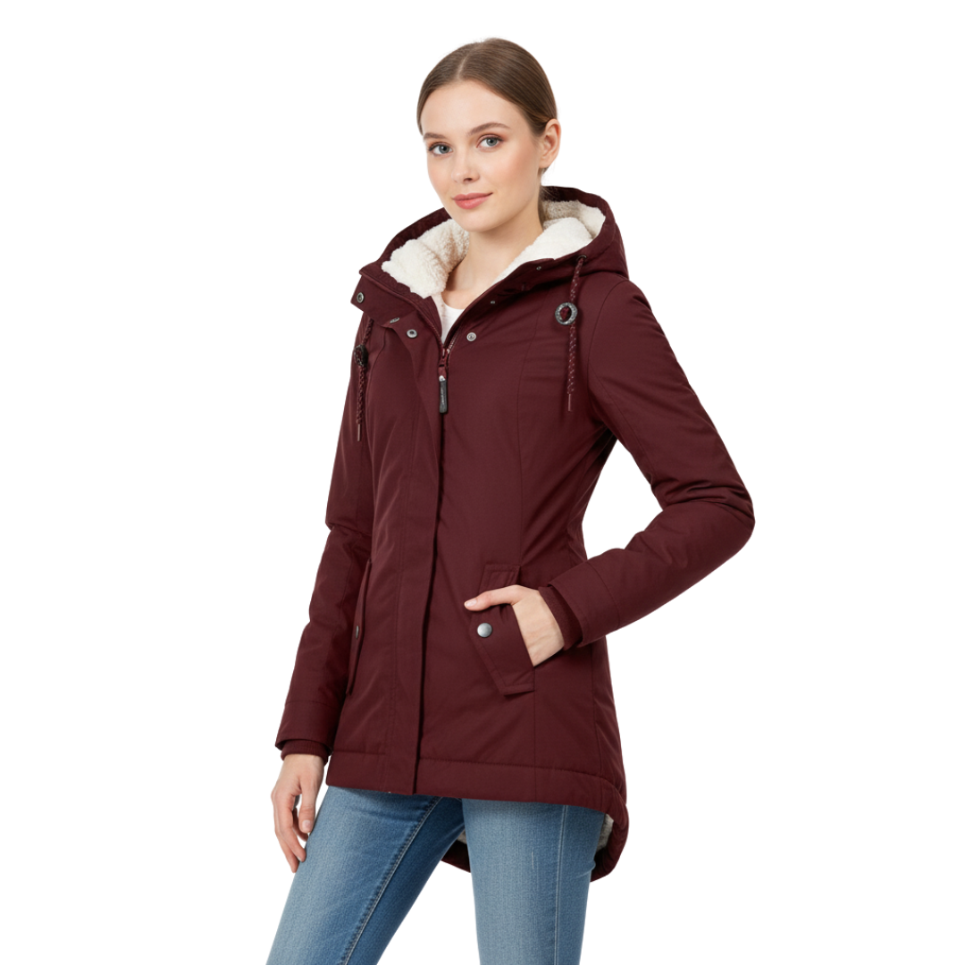 Damen Fleece-gefütterte Kapuzenjacke mit langem Schnitt – Wintermantel