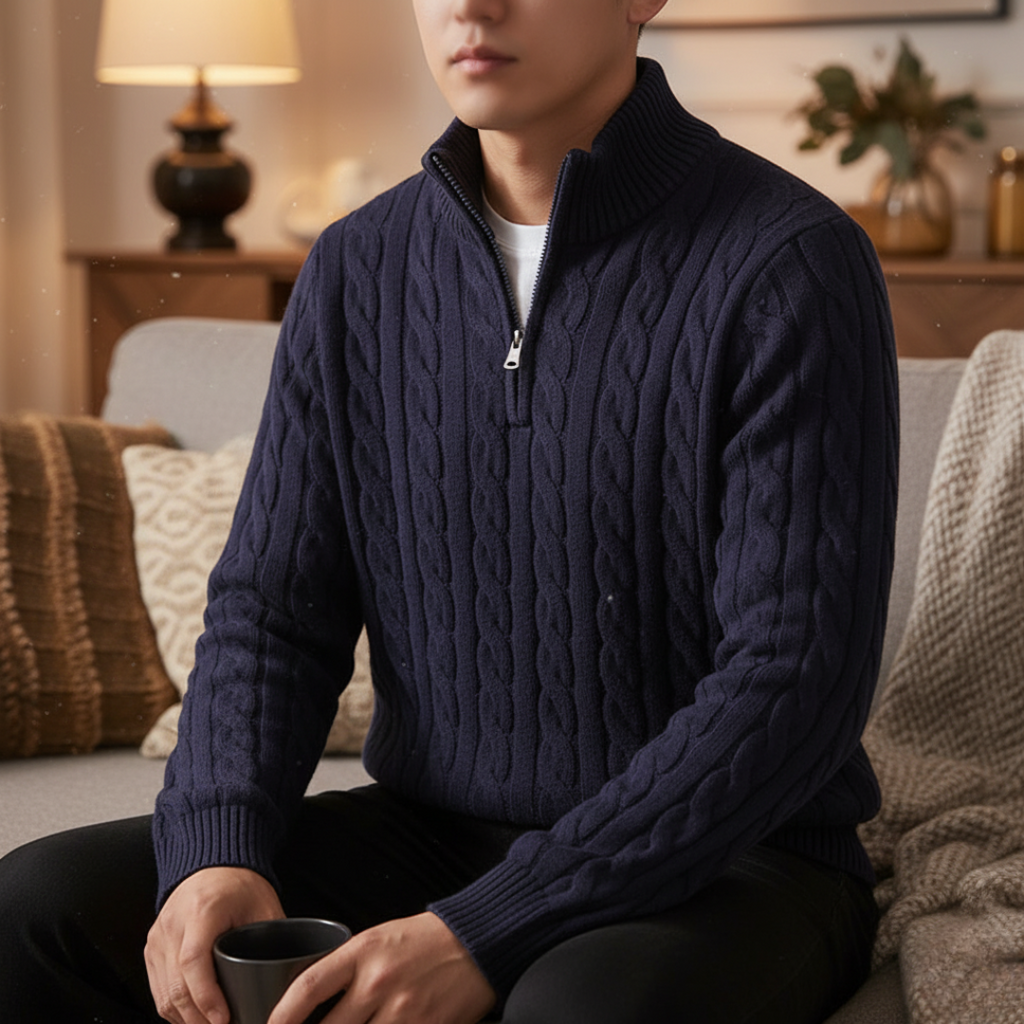 Pullover mit Zopfmuster & Stehkragen-Reißverschluss 100% Cotton – NordicClassic Knit