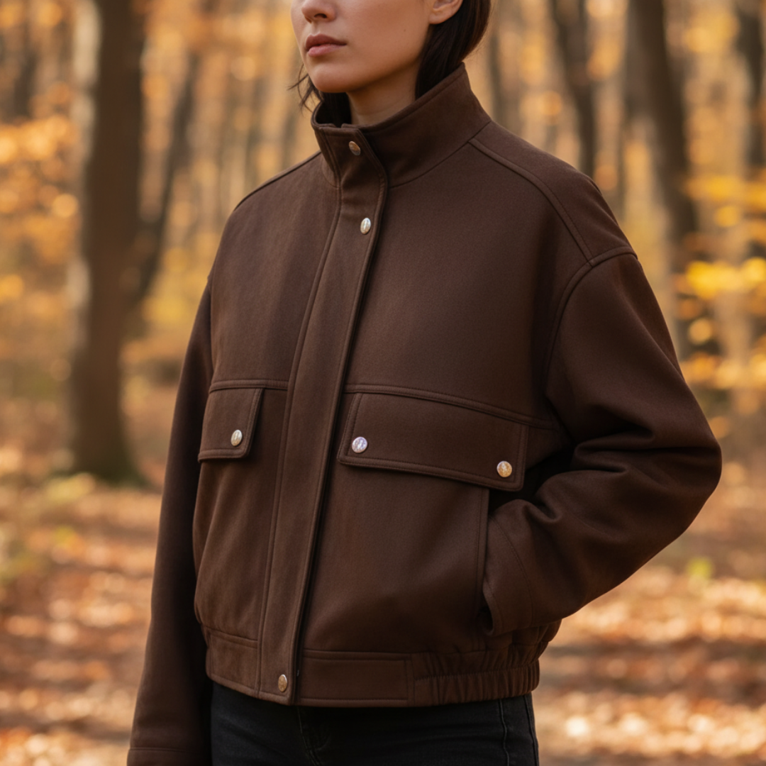 Mantel Damen mit Stehkragen & Taschen aus veganem Leder – UrbanNova Jacket