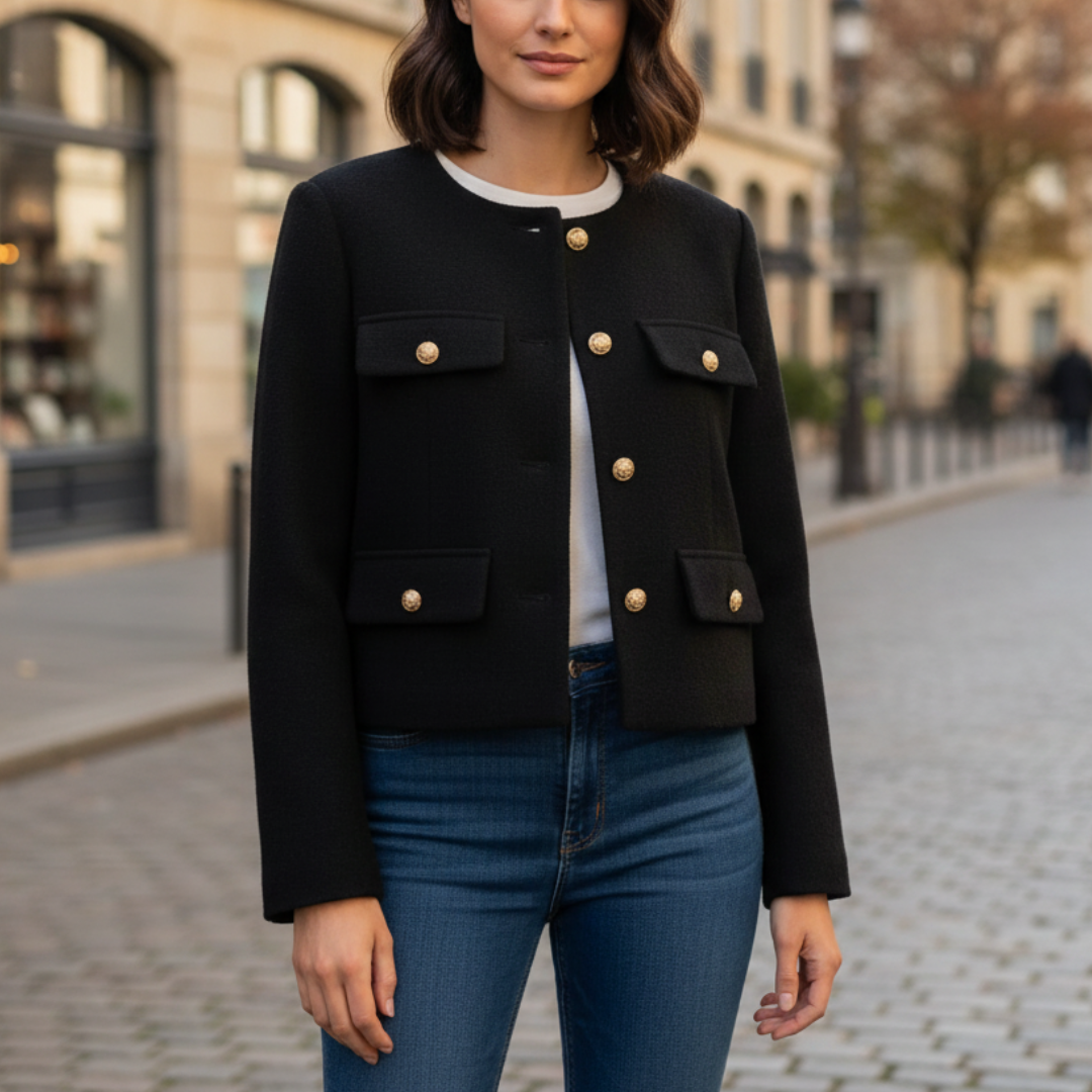 Mantel Damen mit Rundhals & Knopfdekor – BelleCéline Kurzblazer