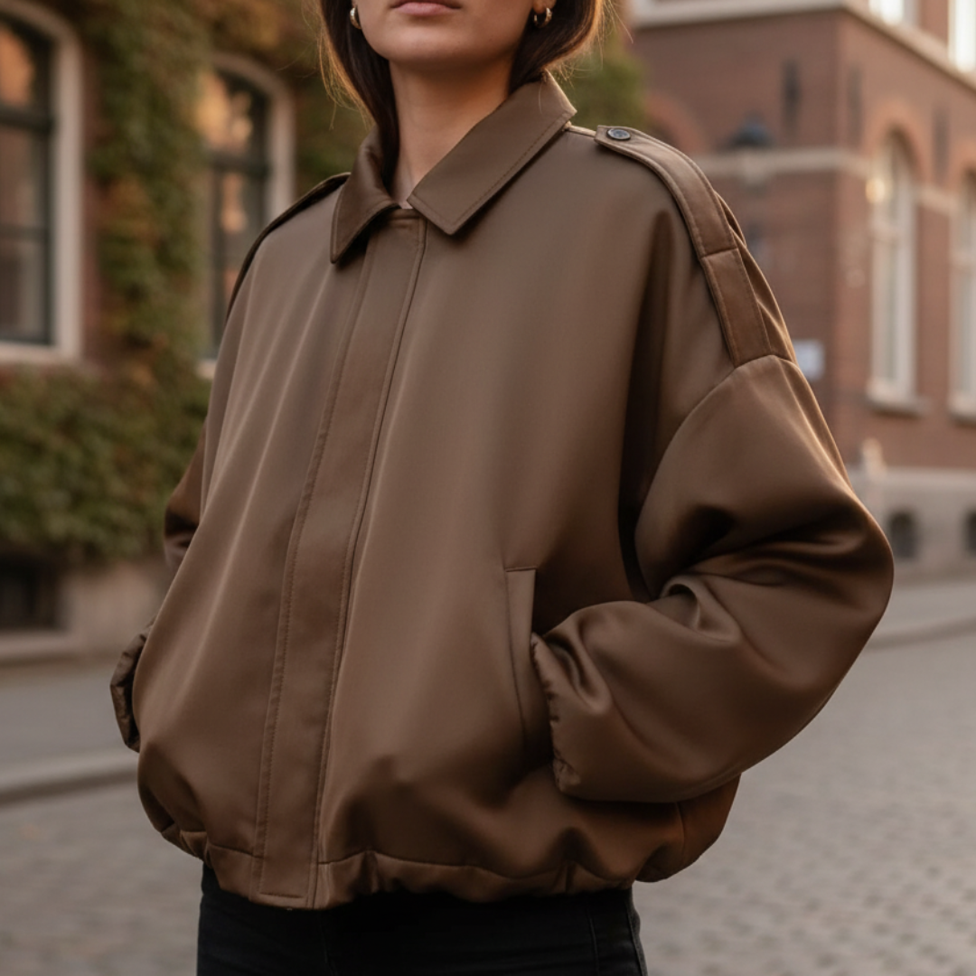 Mantel Damen im Bomberstil mit Reißverschluss & Umlegekragen – VelvetEase Jacket
