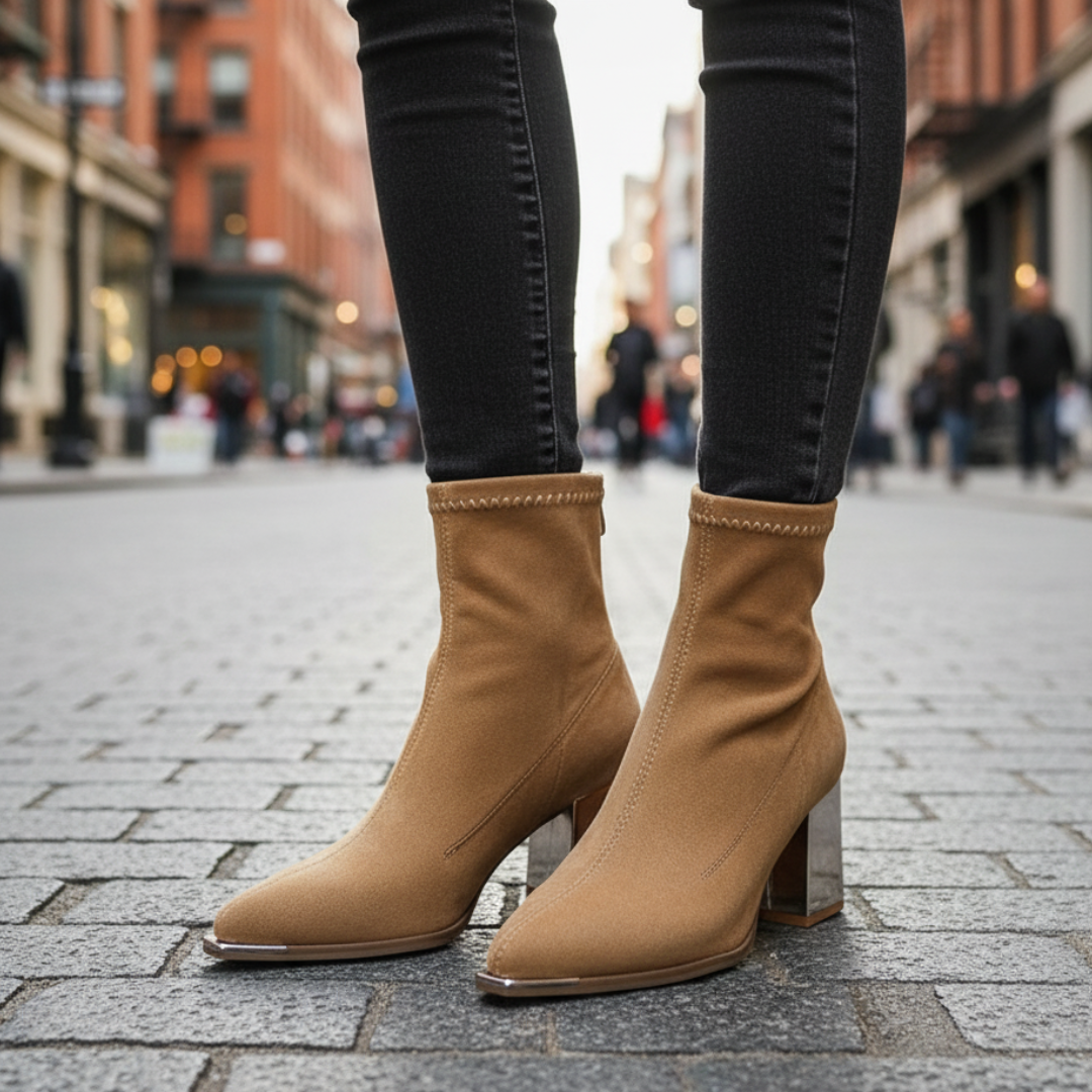 Stiefel mit Absatz & Spitzem Zeh aus Wildlederoptik – VelvetRise Ankle Boots