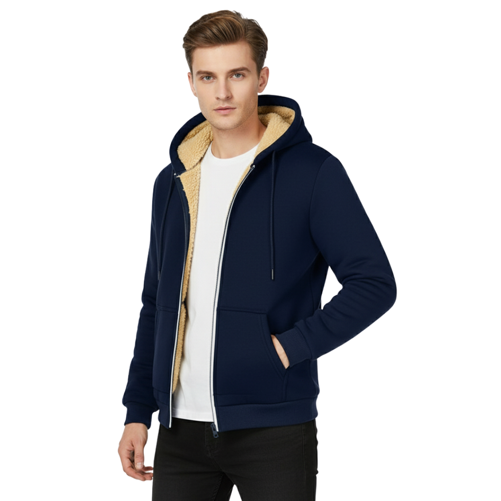 Herren Fleecejacke mit Sherpa-Futter – Dicke Thermo-Winterjacke mit Reißverschluss und Kapuze