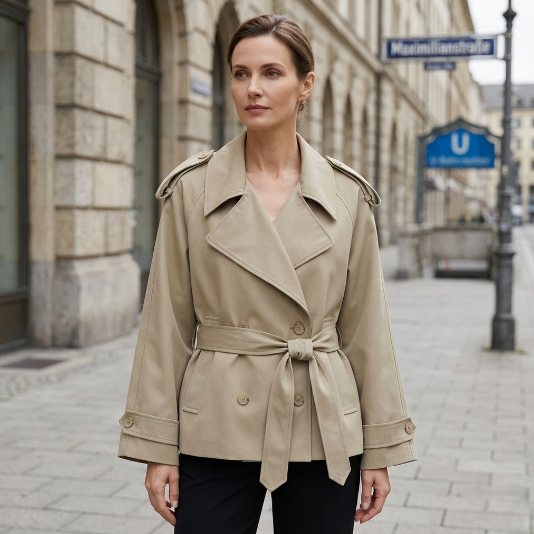 Mantel Damen Kurz-Trenchcoat mit Gürtel & Doppelknopfreihe – Aurelia Coat
