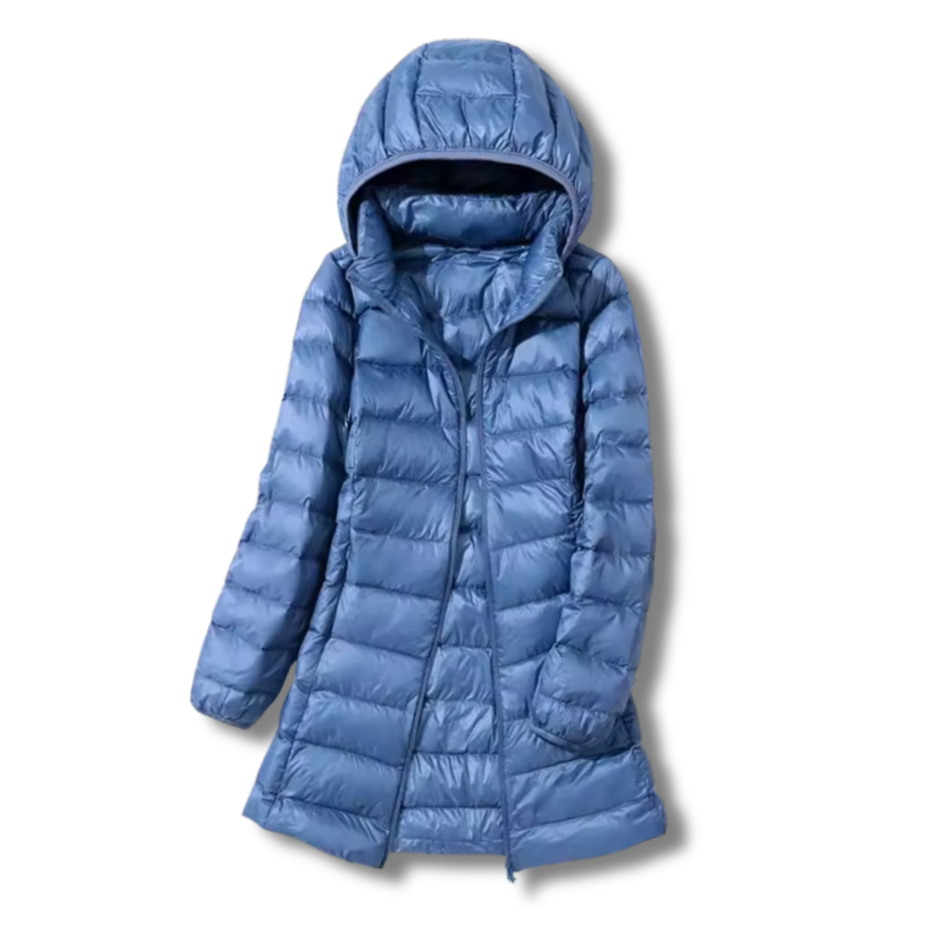 Damen Leichter Langer Daunenmantel – Warmer Mantel mit Kapuze
