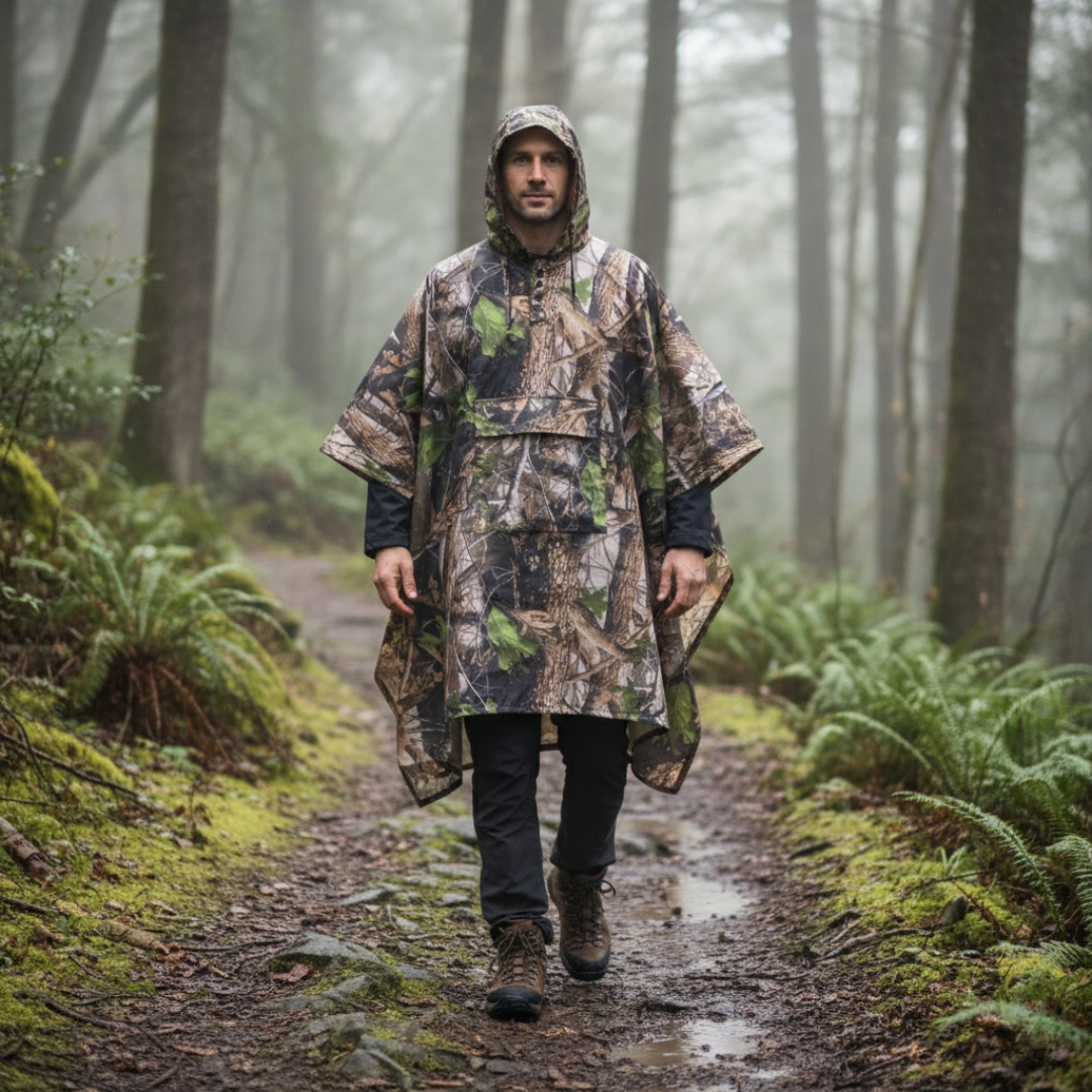 Camouflage Regenponcho – leicht, wasserabweisend, mit Kapuze