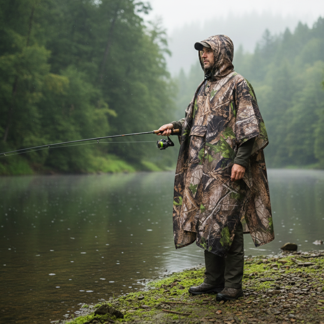 Camouflage Regenponcho – leicht, wasserabweisend, mit Kapuze