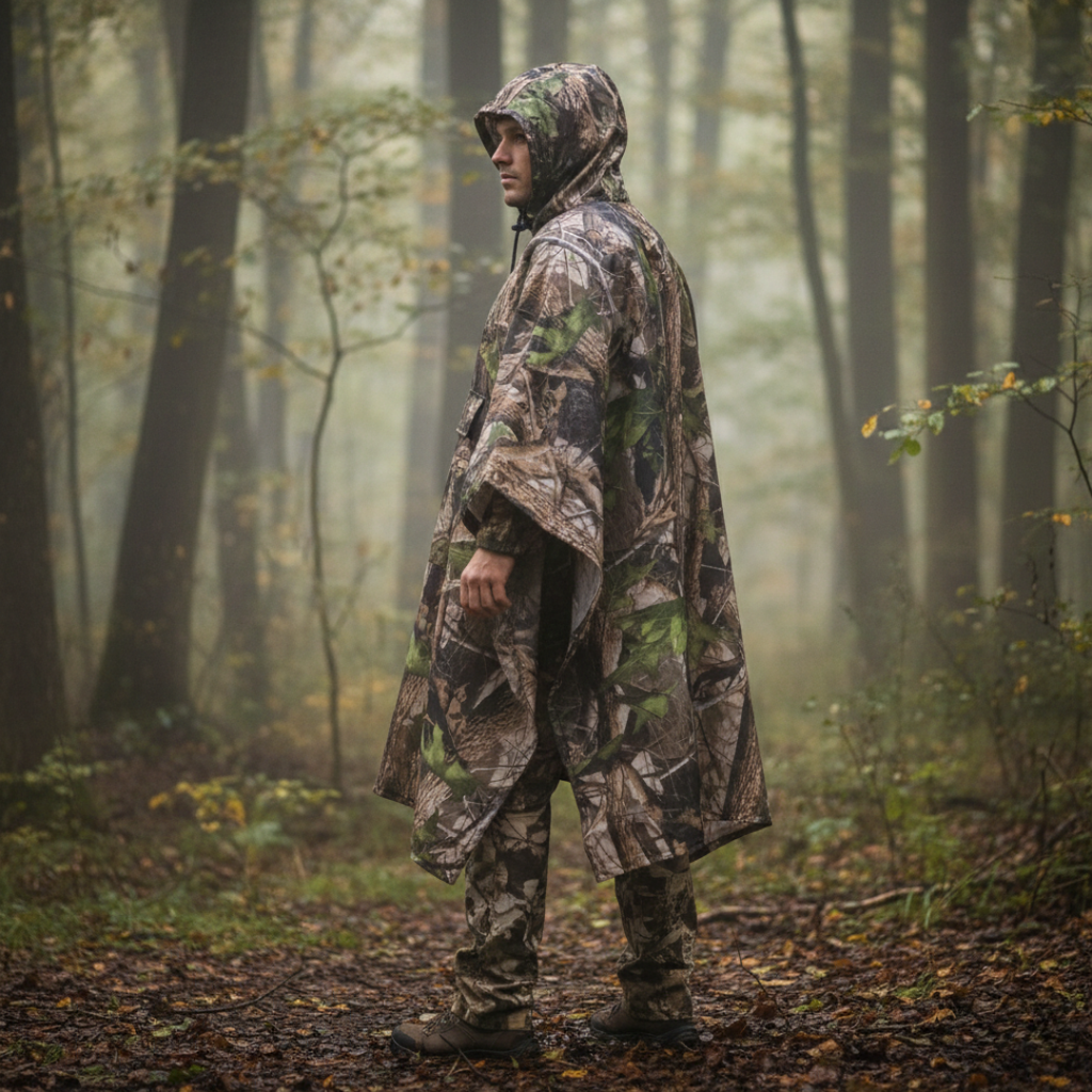 Camouflage Regenponcho – leicht, wasserabweisend, mit Kapuze