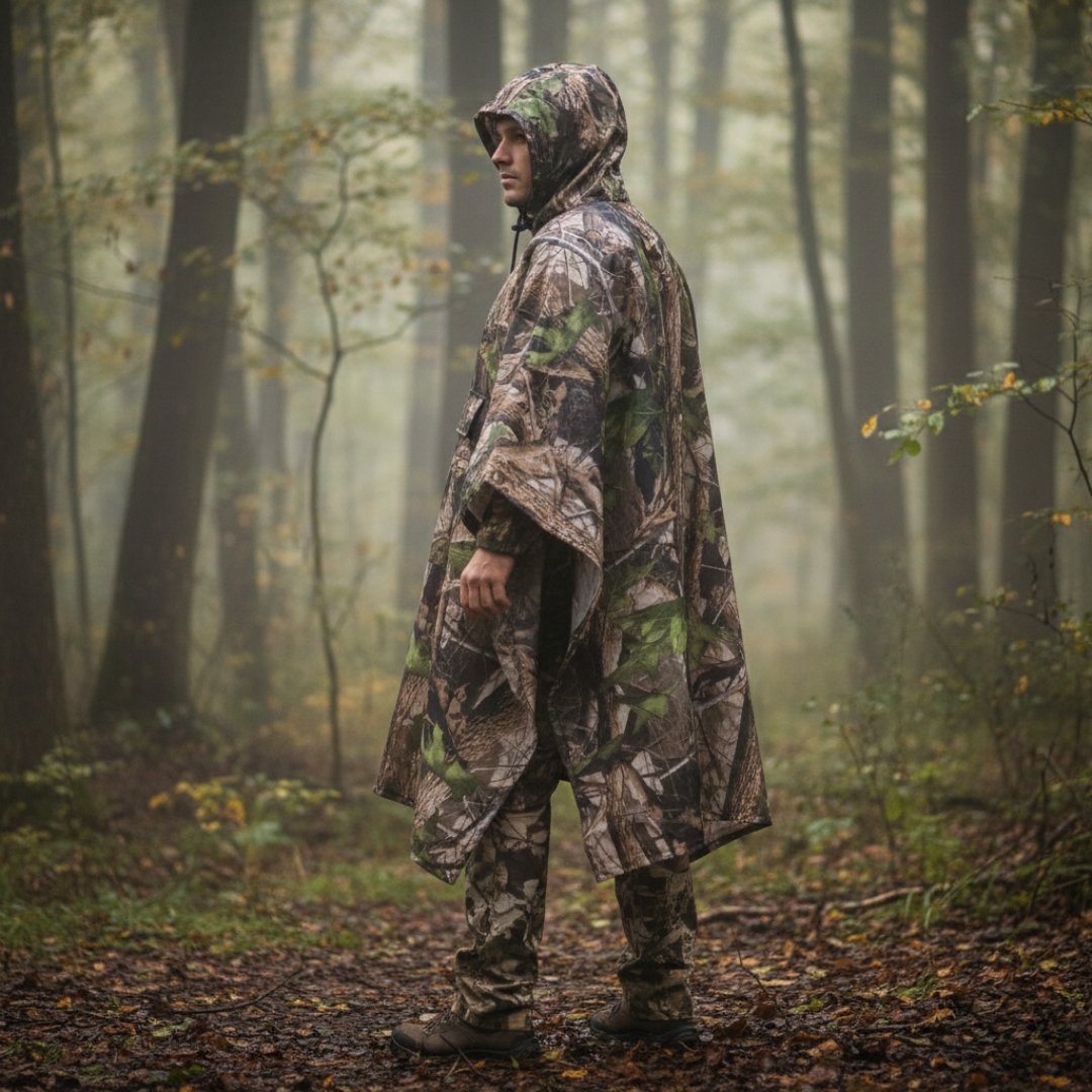 Camouflage Regenponcho – leicht, wasserabweisend, mit Kapuze