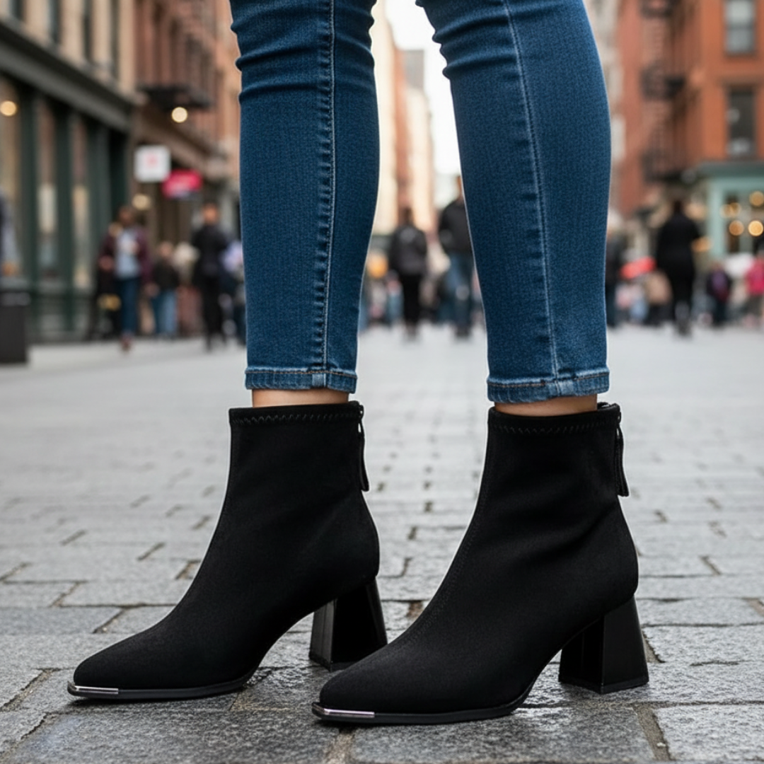 Stiefel mit Absatz & Spitzem Zeh aus Wildlederoptik – VelvetRise Ankle Boots