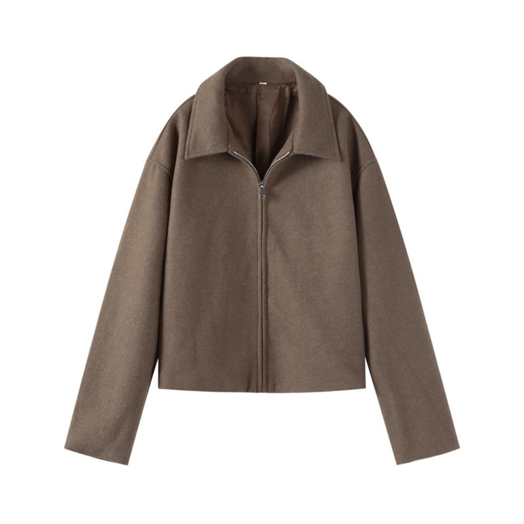 Damen Kurzjacke aus Wollmischung mit Reißverschluss – Minimalistischer Mantel mit weitem Ärmel
