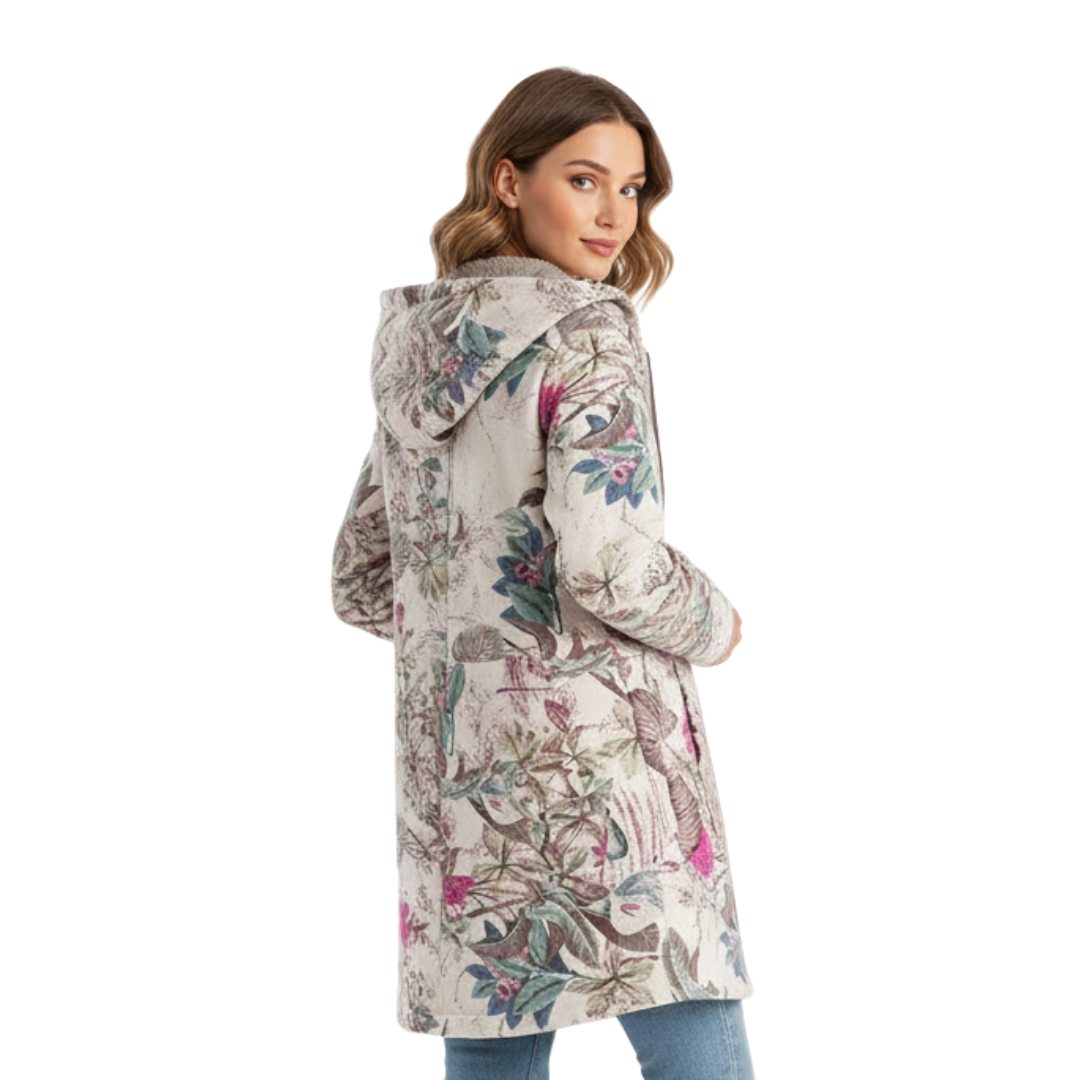 Damen Gefütterter Winterparka mit Kapuze – Becca Fleece-Mantel mit Blumenmuster