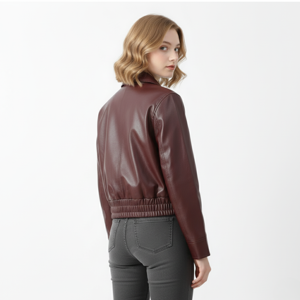 Damen Cropped Kunstlederjacke – Moto-Stil mit Reißverschluss