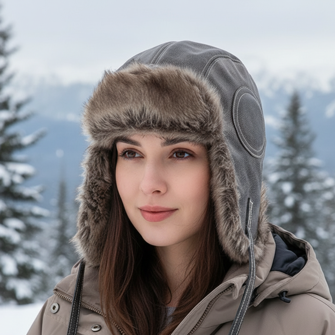 Mütze Damen aus Veganer Lederoptik mit Warmem Kunstfell & Ohrenklappen – FrostGuard Trapper Hat