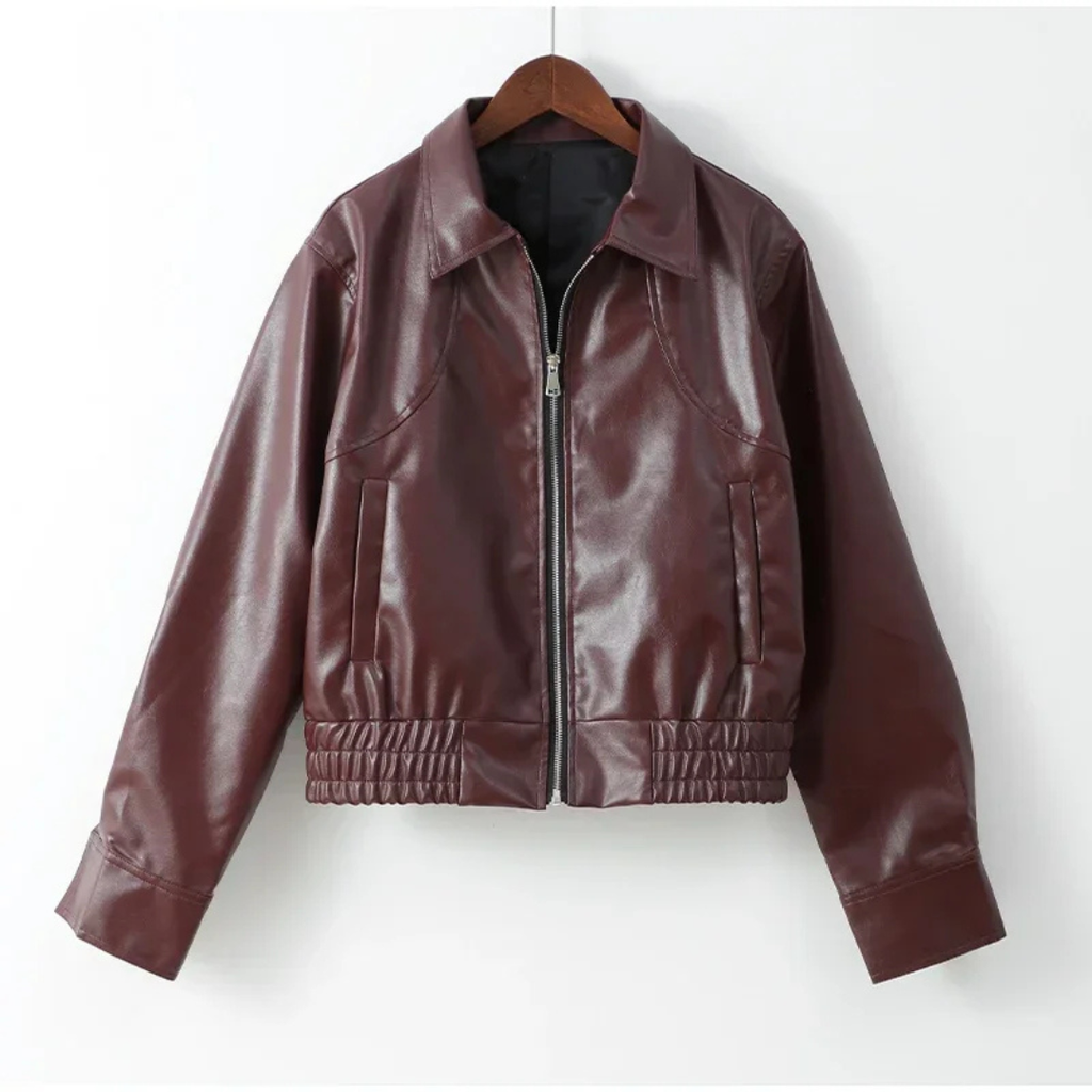 Damen Cropped Kunstlederjacke – Moto-Stil mit Reißverschluss
