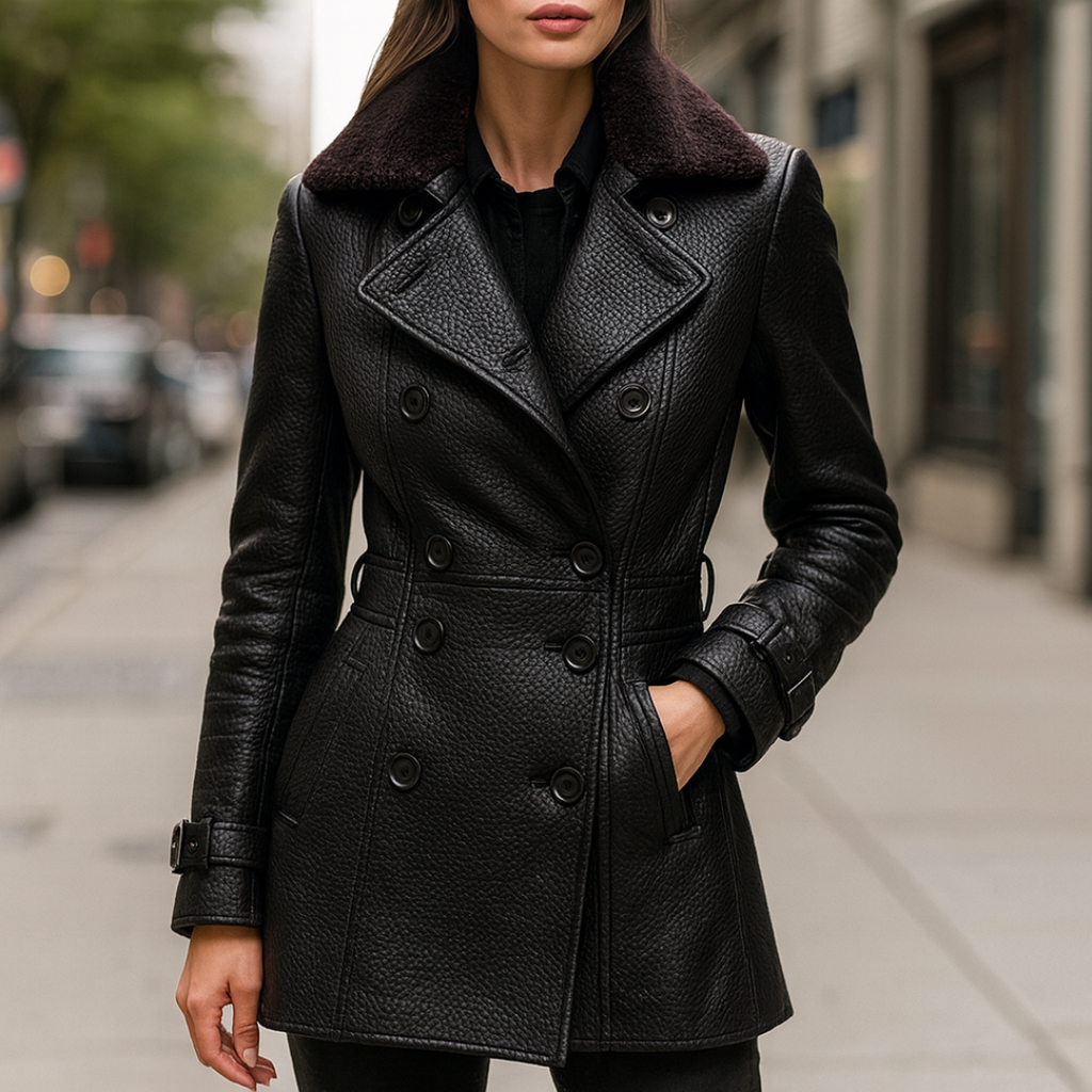 Mantel Damen 3/4 Länge mit Tailliertem Schnitt in Lederoptik – NoirÉlégance Coat