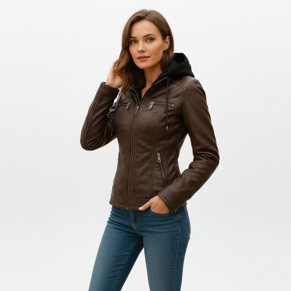 Damen Bikerjacke aus veganem Leder mit Kapuze
