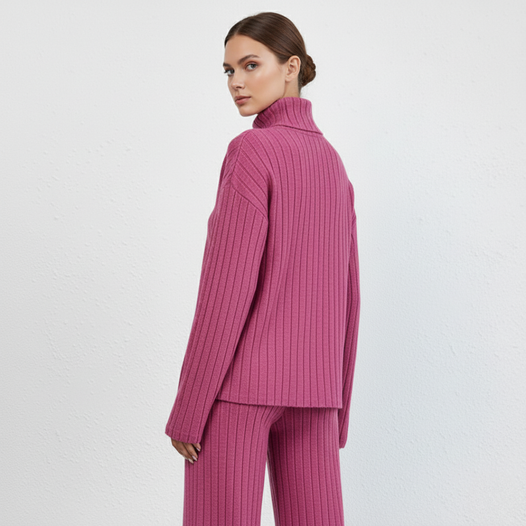 Damen Strickanzug – Zweiteiliges Set mit Rollkragen & Weitbeiniger Hose | Eleganter Lounge-Stil