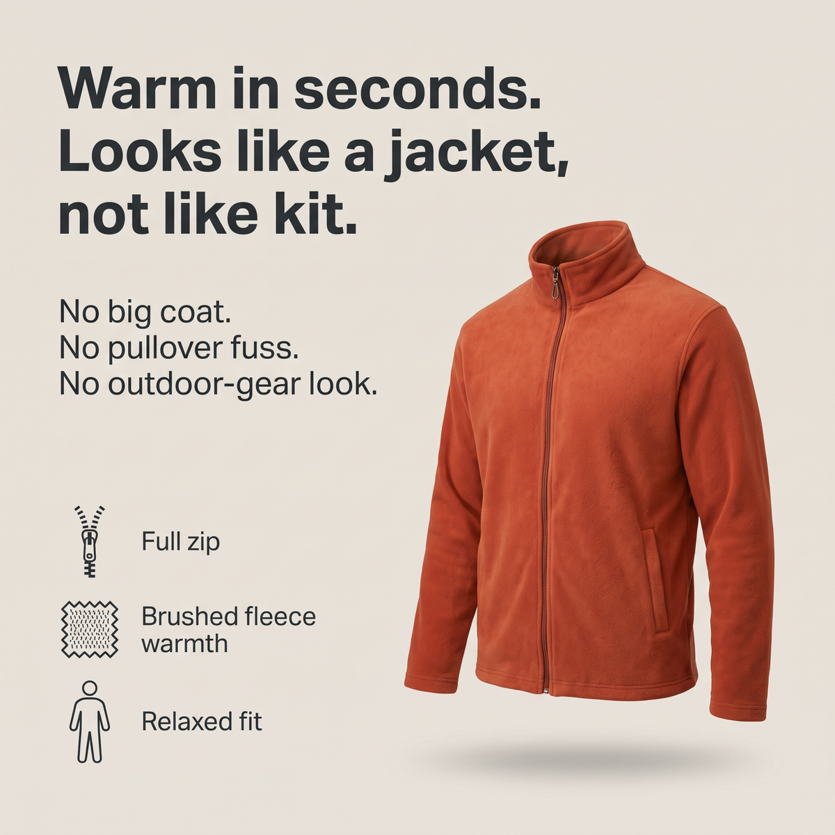 Herren Fleecejacke – durchgehender Reißverschluss, entspannte Passform