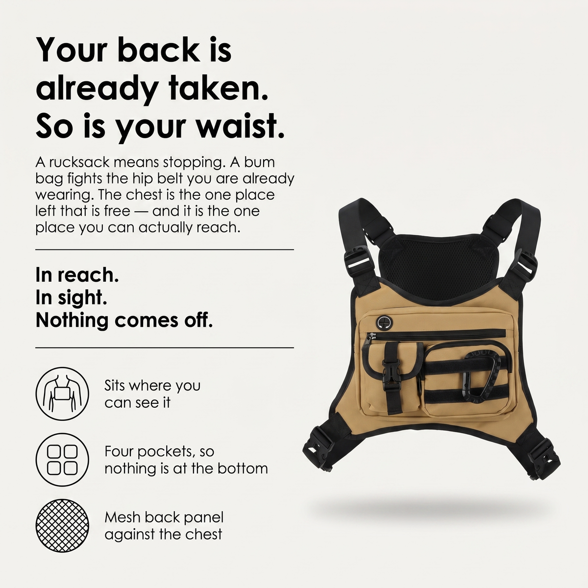 Herren Brusttasche – Multi-Pocket Chest Rig für Wandern und Gassigehen