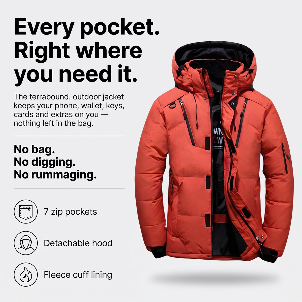 Herren Steppjacke mit 7 Taschen – Daunenjacke mit Kapuze für den Winter